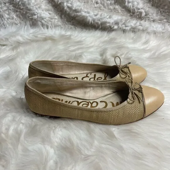 Sam Edelman leather tan and beige Rafia slip on flats bow accent size 8 - Picture 2 of 10